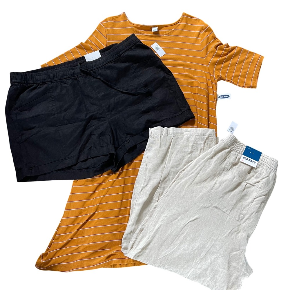 Old Navy 3pc Bundle Women XL Mustard Stripe‎ Dress Linen Black Shorts and Pants